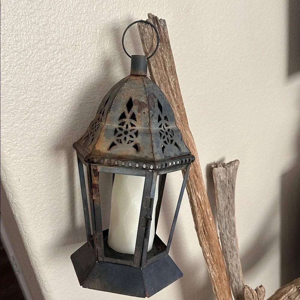 Rustic Black Metal Lantern with Candle
